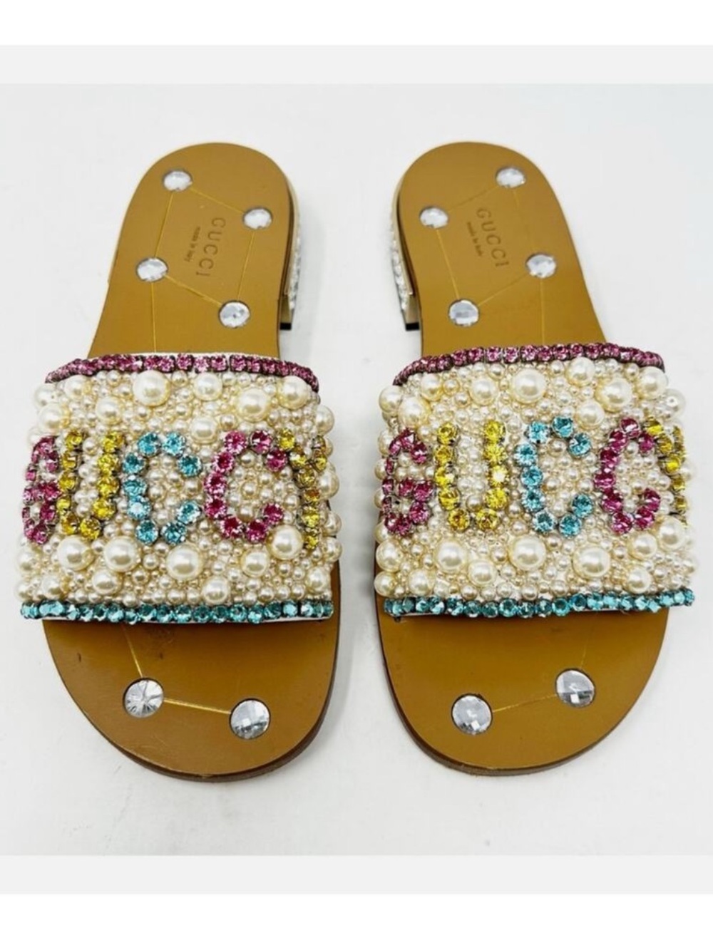 Gucci Pearl Crystal Slide Sandals Womens Size EU 37